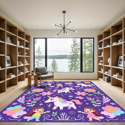 Whimsical Purple Unicorn and Girl Medley Rug