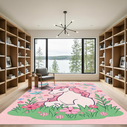 Pink Unicorn Amongst Flowers Meadow Rug