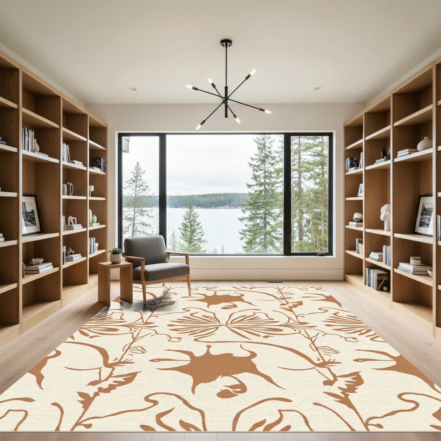 Earthy Tan Abstract Floral Vine Rug