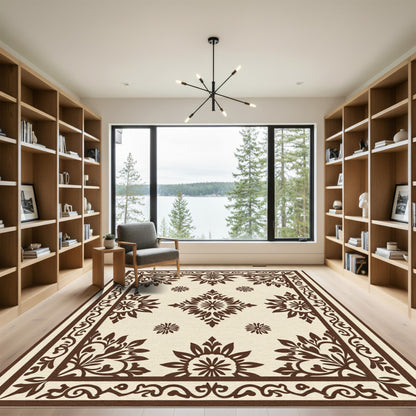 Brown Ornamental Floral Centerpiece Rug