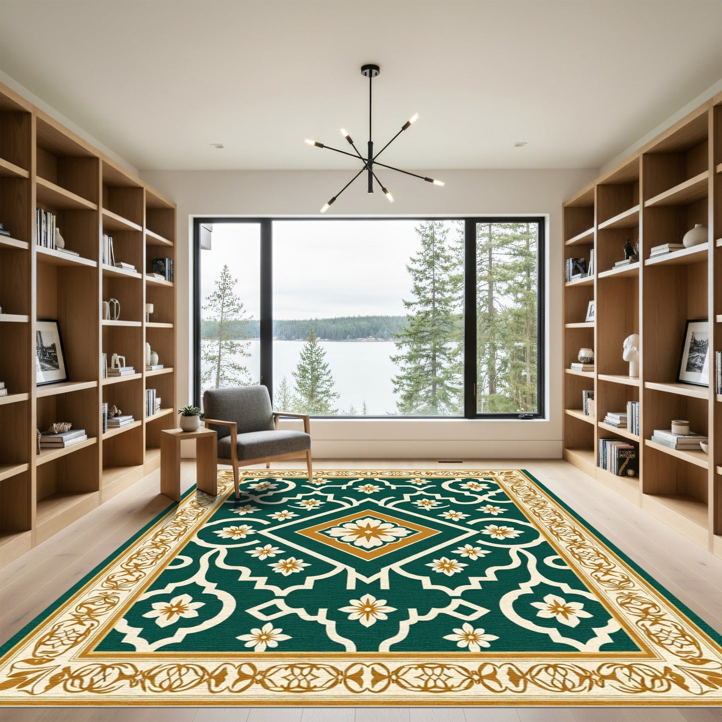 Emerald Ivory Golden Floral Lattice Rug