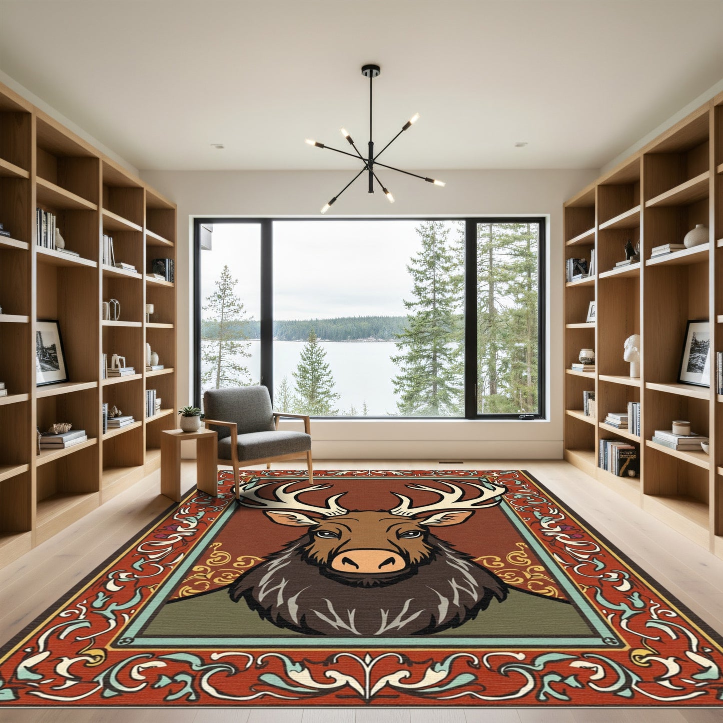 Rustic Deer With Ornate Red Border Rug