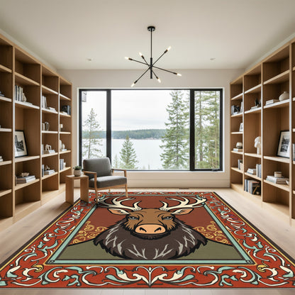 Rustic Deer With Ornate Red Border Rug
