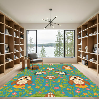 Whimsical Owl Floral Garden Teal Rug