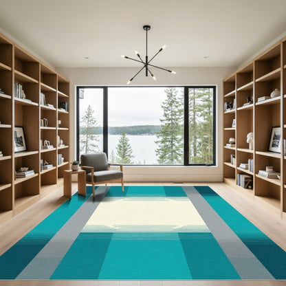Teal Gray Ivory Geometric Stripe Rectangles Rug