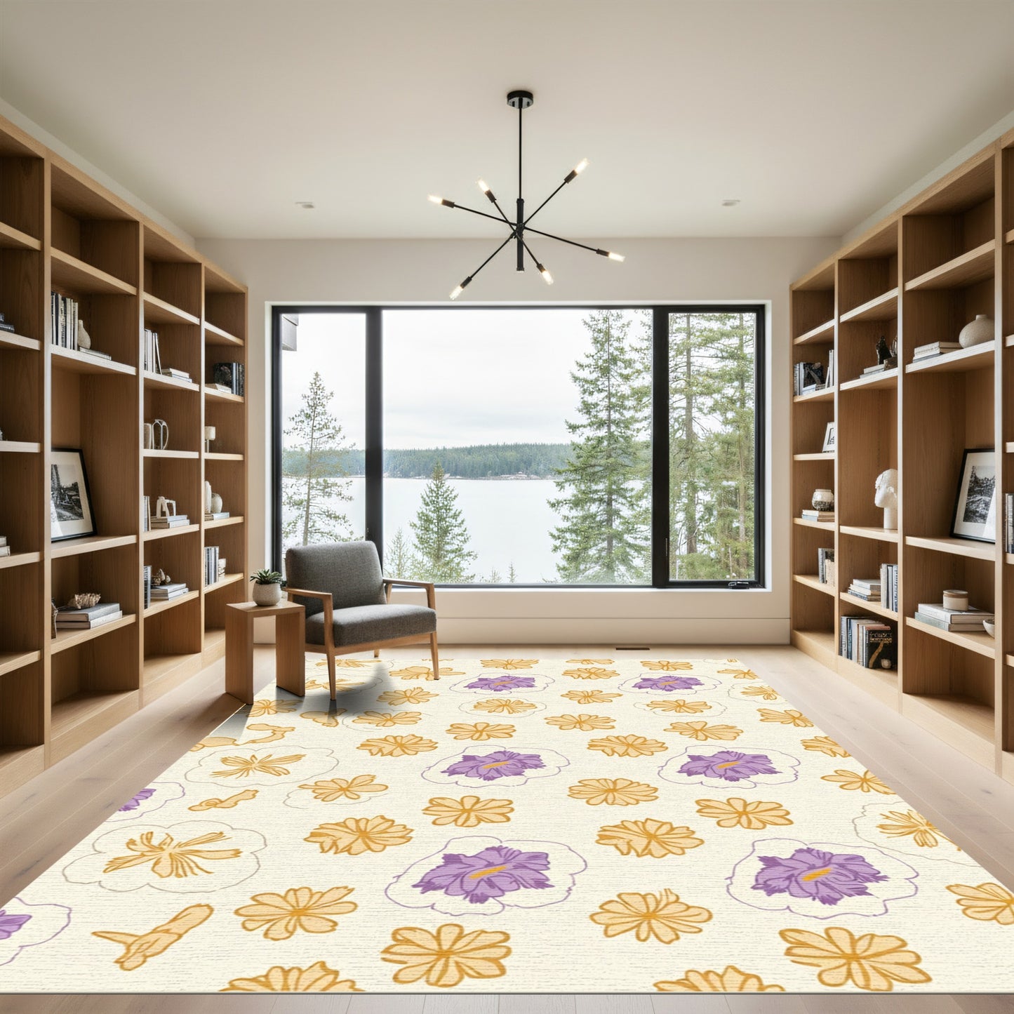 Cream Golden Purple Floral Scatter Rug