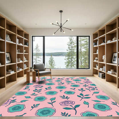 Pink Teal Floral Garden Bloom Rug