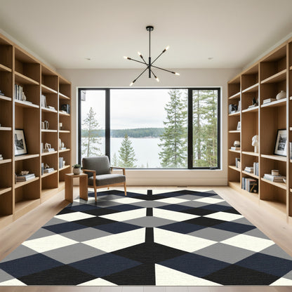 Graphic Diamond Grid Black Blue Rug