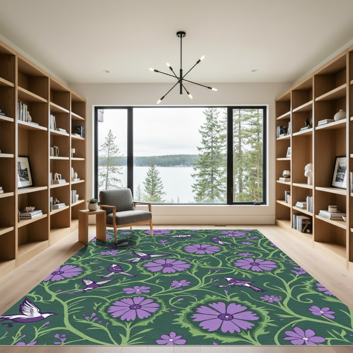 Purple Floral Birds Vine Emerald Rug