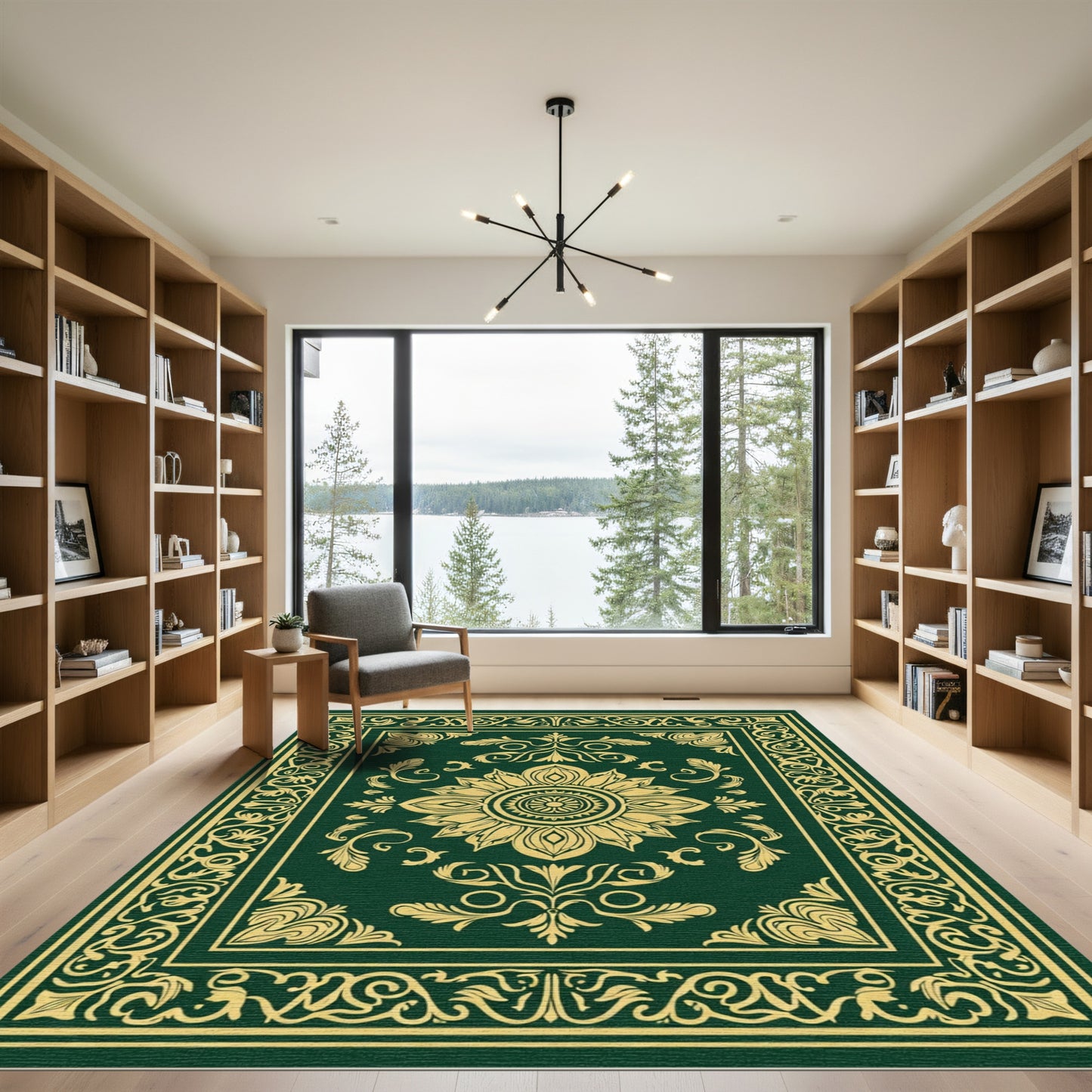 Dark Green Golden Floral Medallion Rug