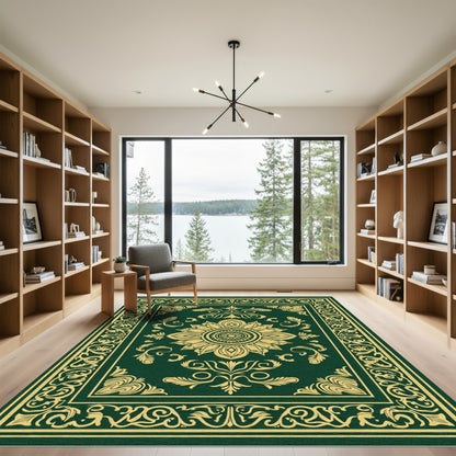 Dark Green Golden Floral Medallion Rug