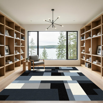Abstract Blue Gray Black Rectangles Rug