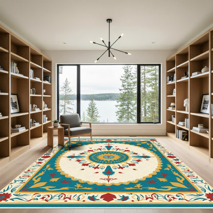 Teal Gold Red Floral Medallion Border Rug