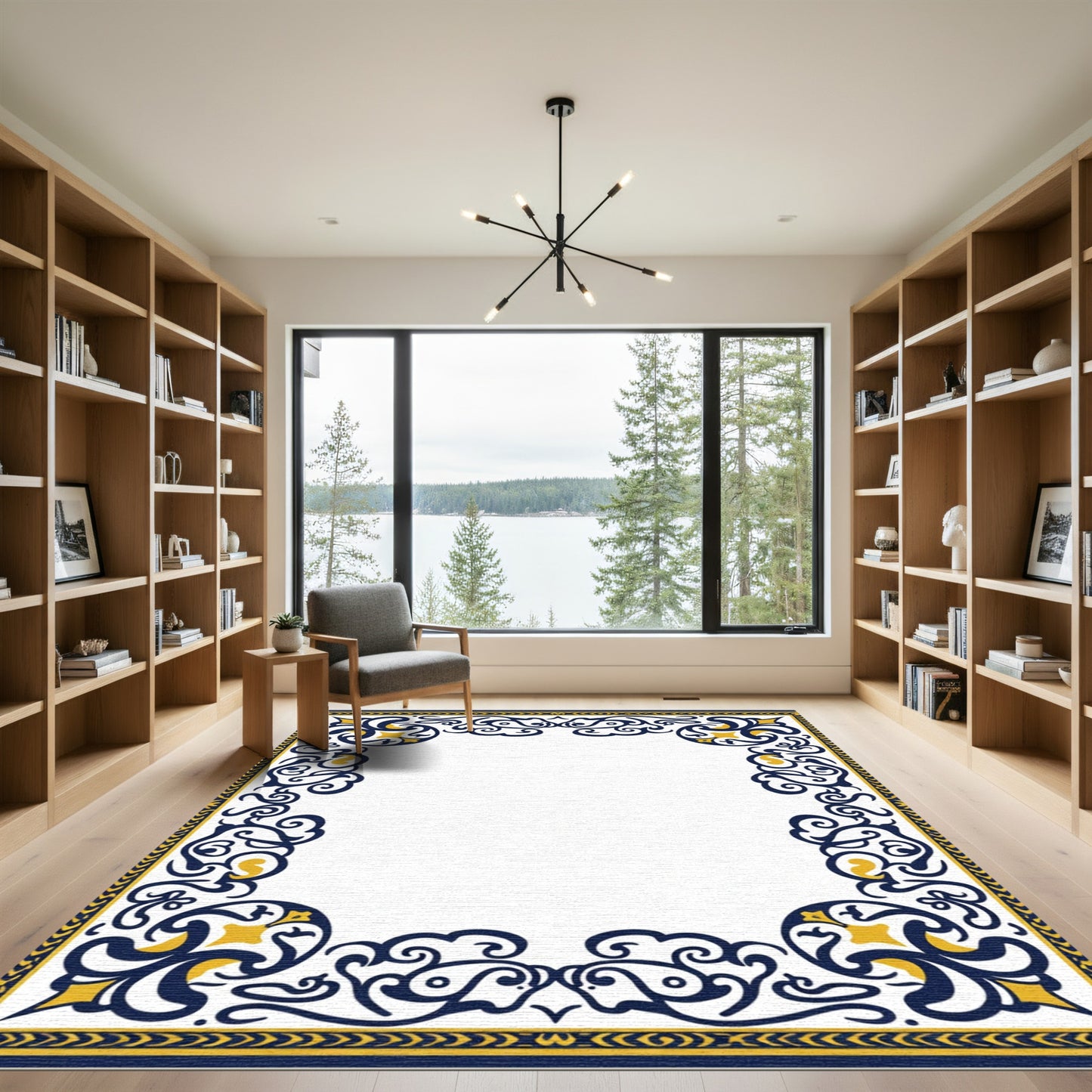 Navy Gold Ornate Scrollwork Corner Rug