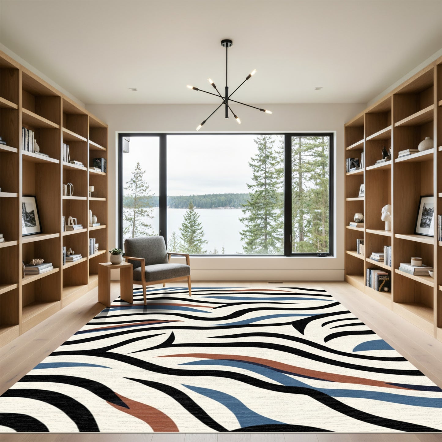 Abstract Black Blue Tan Wavy Strokes Rug