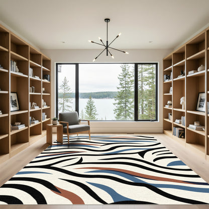 Abstract Black Blue Tan Wavy Strokes Rug