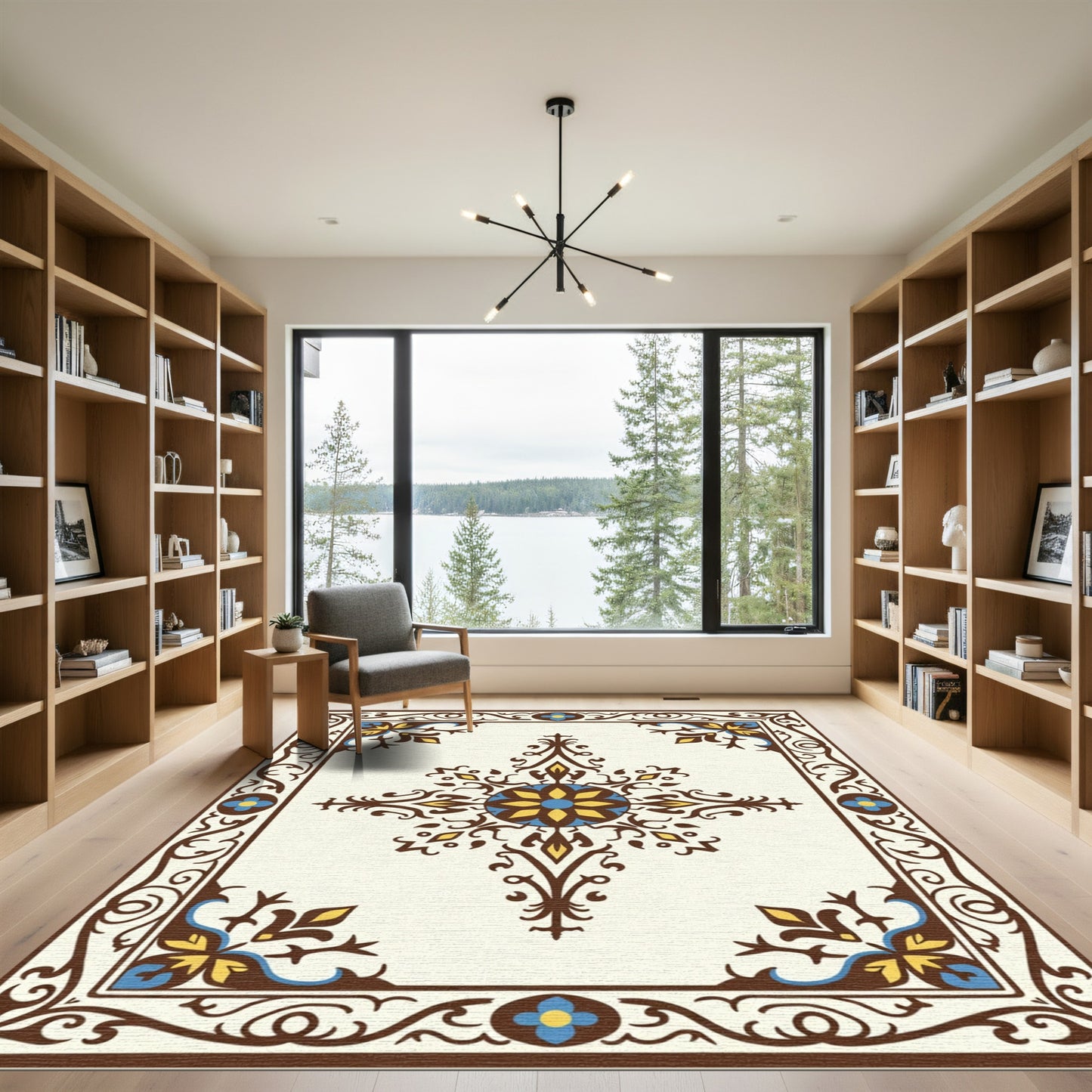 Brown Blue Yellow Floral Medallion Rug