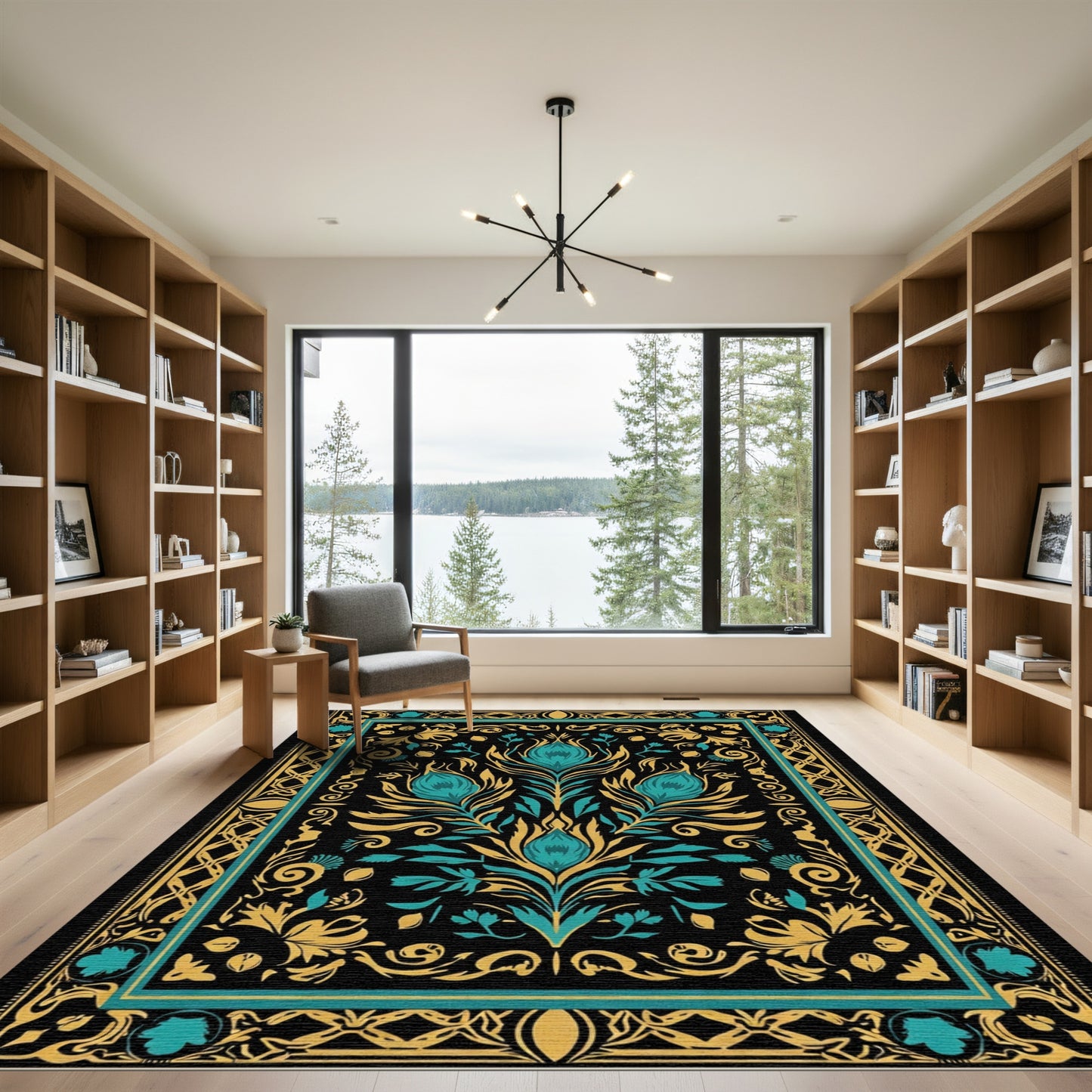Turquoise Gold Floral Symmetry Rug