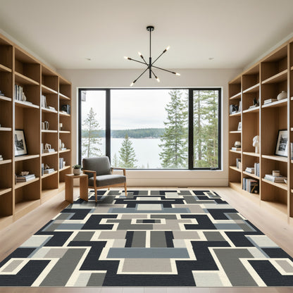 Geometric Gray Black Cream Block Rug