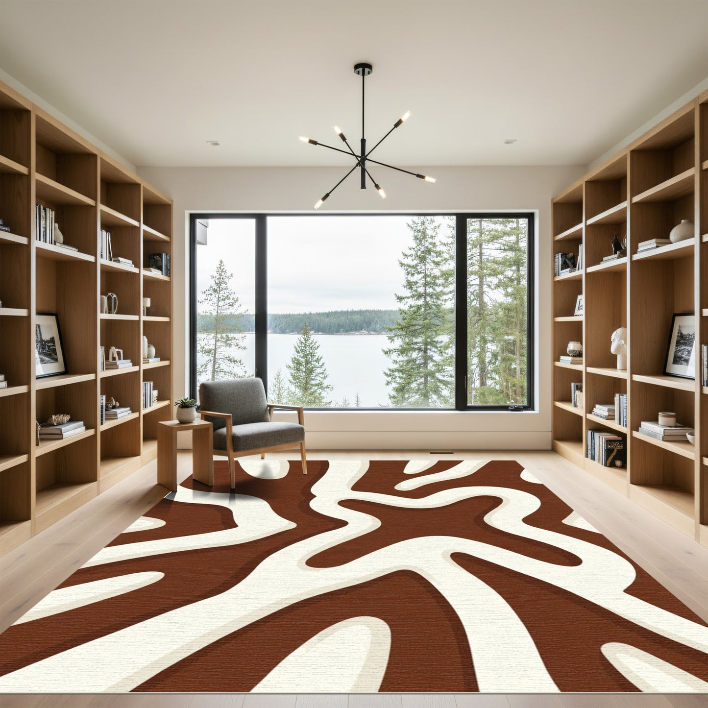 Brown White Swirl Abstract Rug