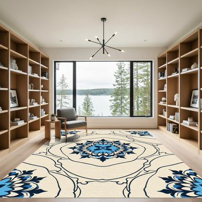 Cream Blue Floral Medallion Art Rug