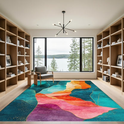 Teal Orange Gold Fluid Mountains Rug