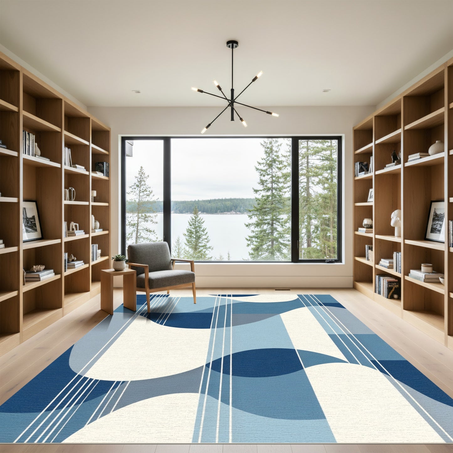 Mid Century Blue Abstract Wave Rug