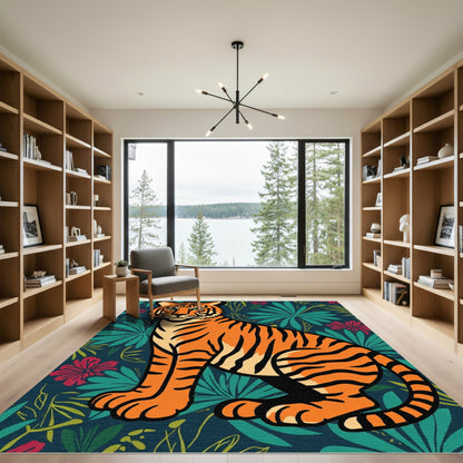 Vibrant Orange Tiger Jungle Blooms Rug