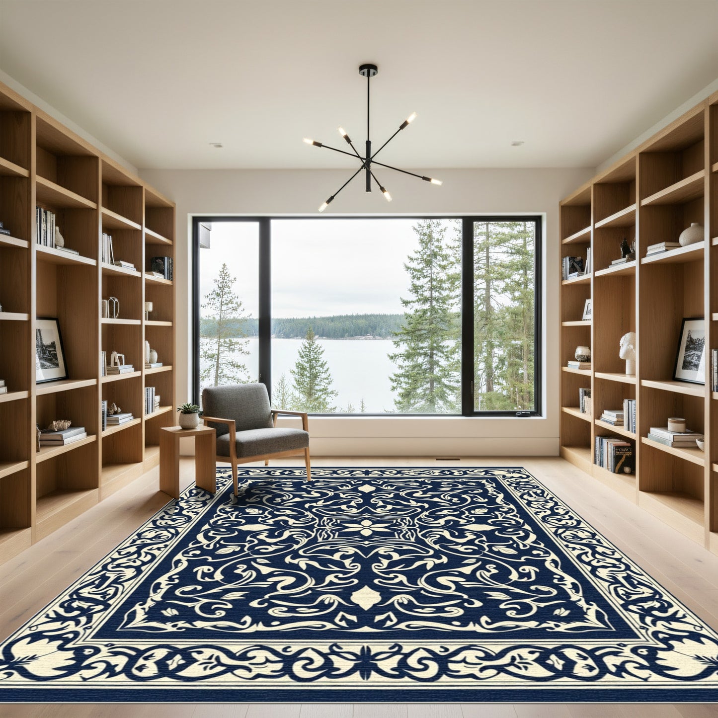 Sophisticated Dark Blue Floral Medallion Rug