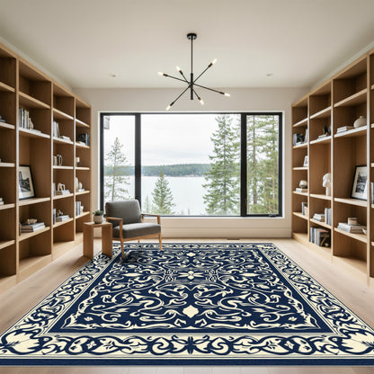 Sophisticated Dark Blue Floral Medallion Rug