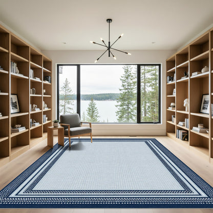 Navy Blue White Layered Stripe Rug