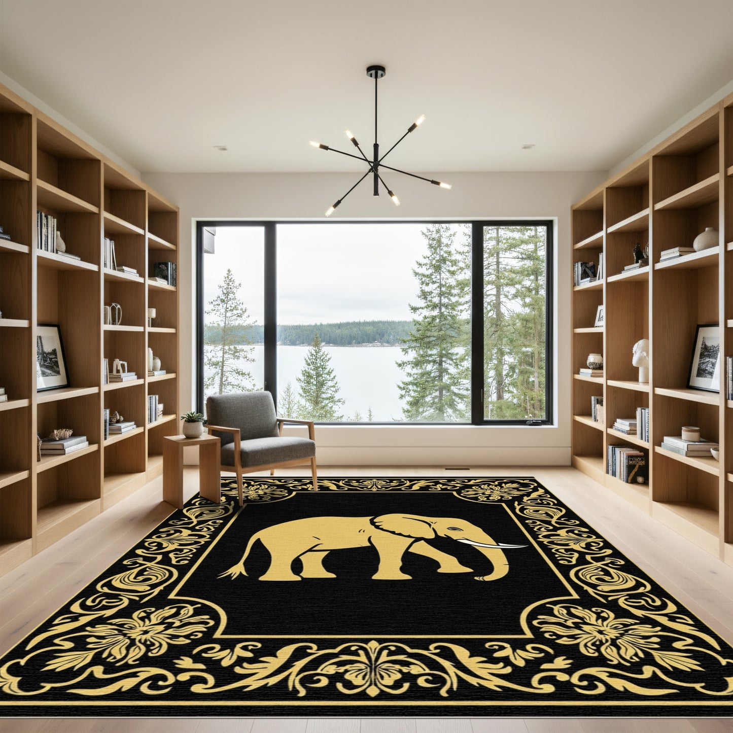 Majestic Gold Elephant Floral Border Rug
