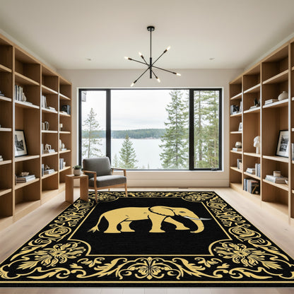 Majestic Gold Elephant Floral Border Rug