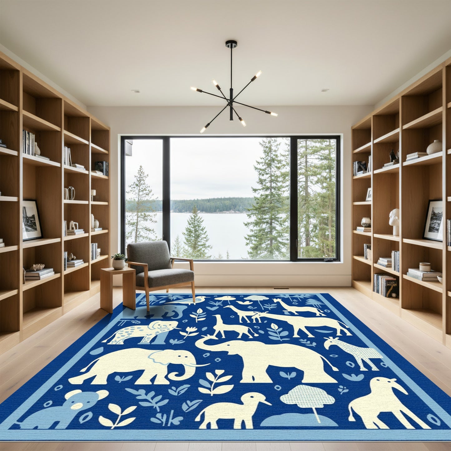 Blue Safari Animals Contemporary Graphic Rug
