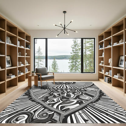 Monochrome Abstract Swirl Radiating Lines Rug