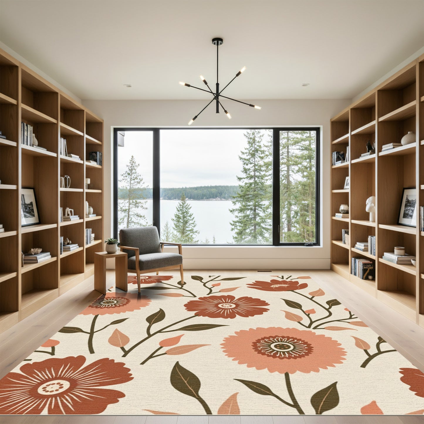Earthy Amber Floral Botanical Arrangement Rug