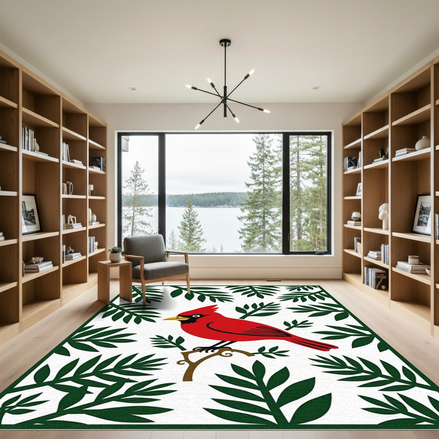 Vibrant Red Cardinal Branch Foliage Rug