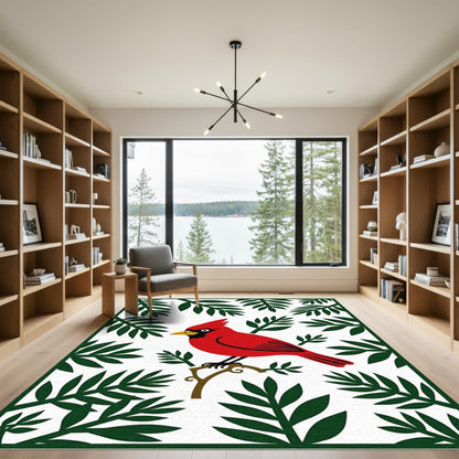 Vibrant Red Cardinal Branch Foliage Rug