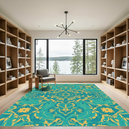 Turquoise Yellow Mandala Wave Rug