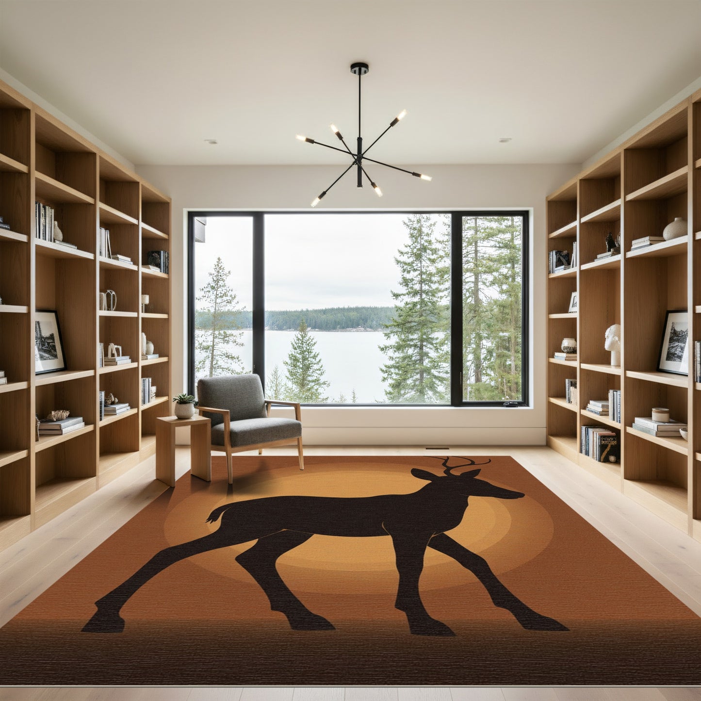 Rustic Black Deer Silhouette Sunburst Rug