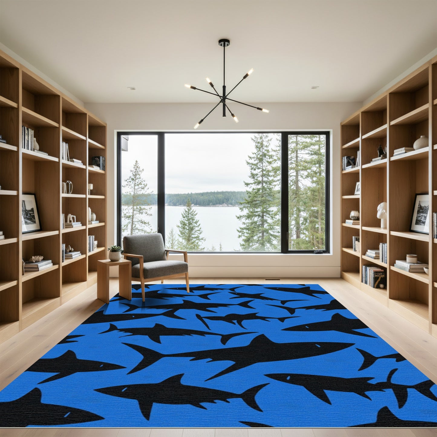 Black Shark Silhouette Blue Ocean Rug