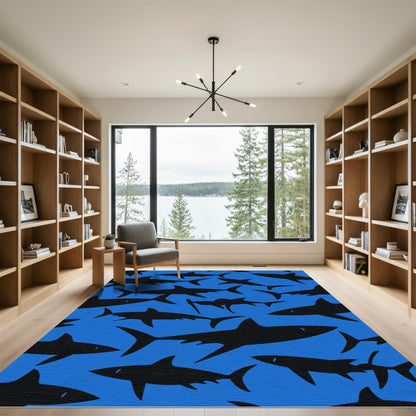 Black Shark Silhouette Blue Ocean Rug
