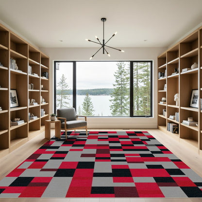 Red Black Gray Geometric Blocks Rug