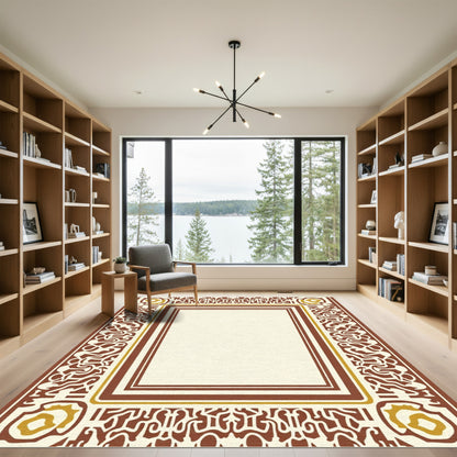 Rich Brown Golden Floral Border Rug