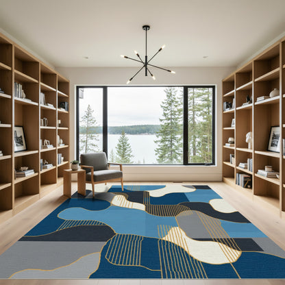 Navy Blue Abstract Organic Geometry Rug