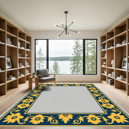 Navy Yellow Floral Vine Border Rug