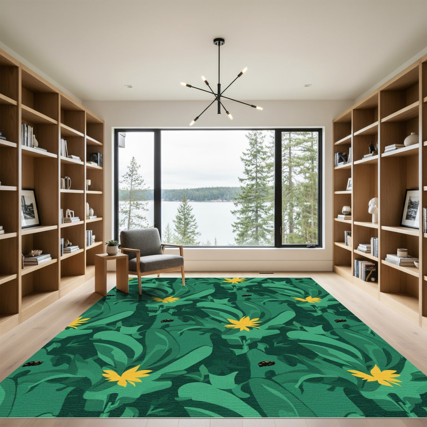 Vibrant Green Tropical Leaf Ladybug Rug