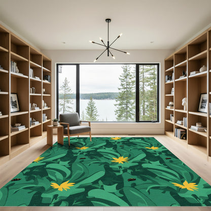 Vibrant Green Tropical Leaf Ladybug Rug