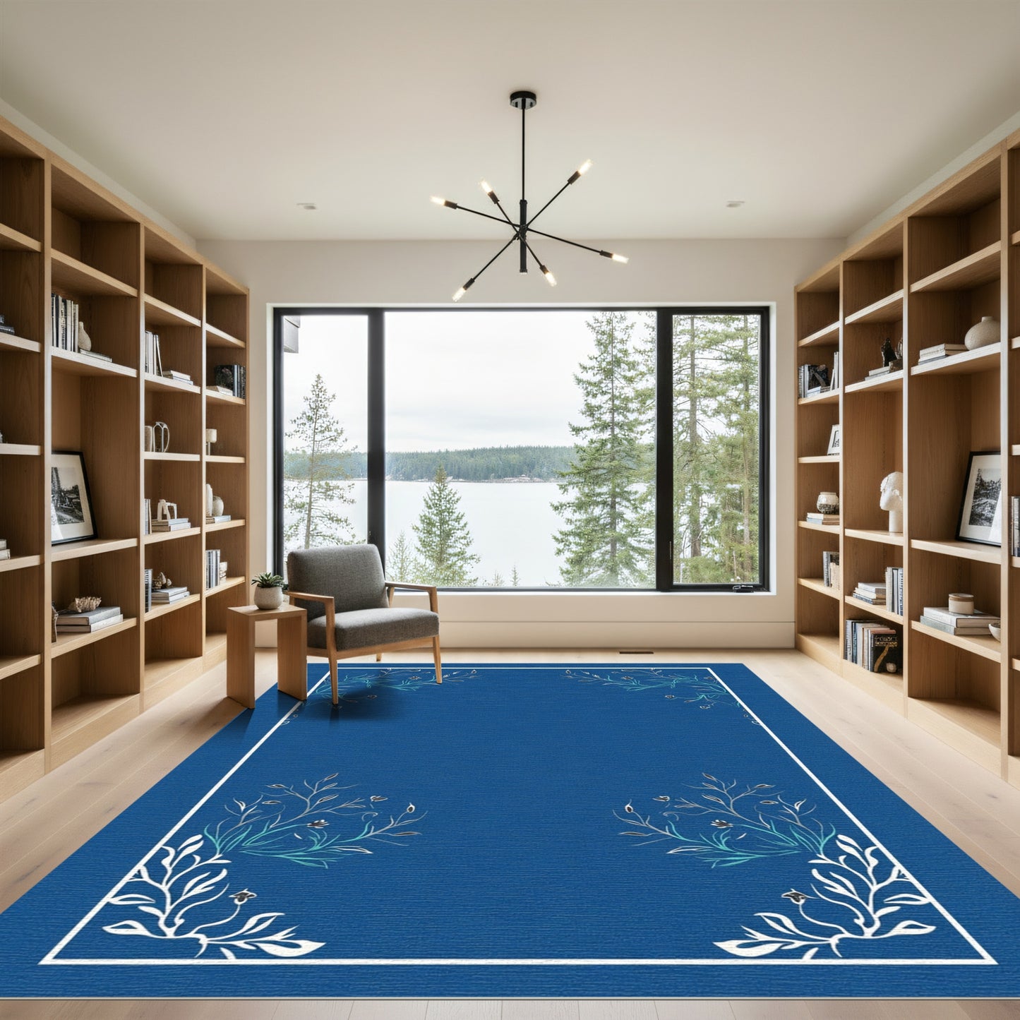 Deep Blue Floral Branch Corner Arrangement Rug