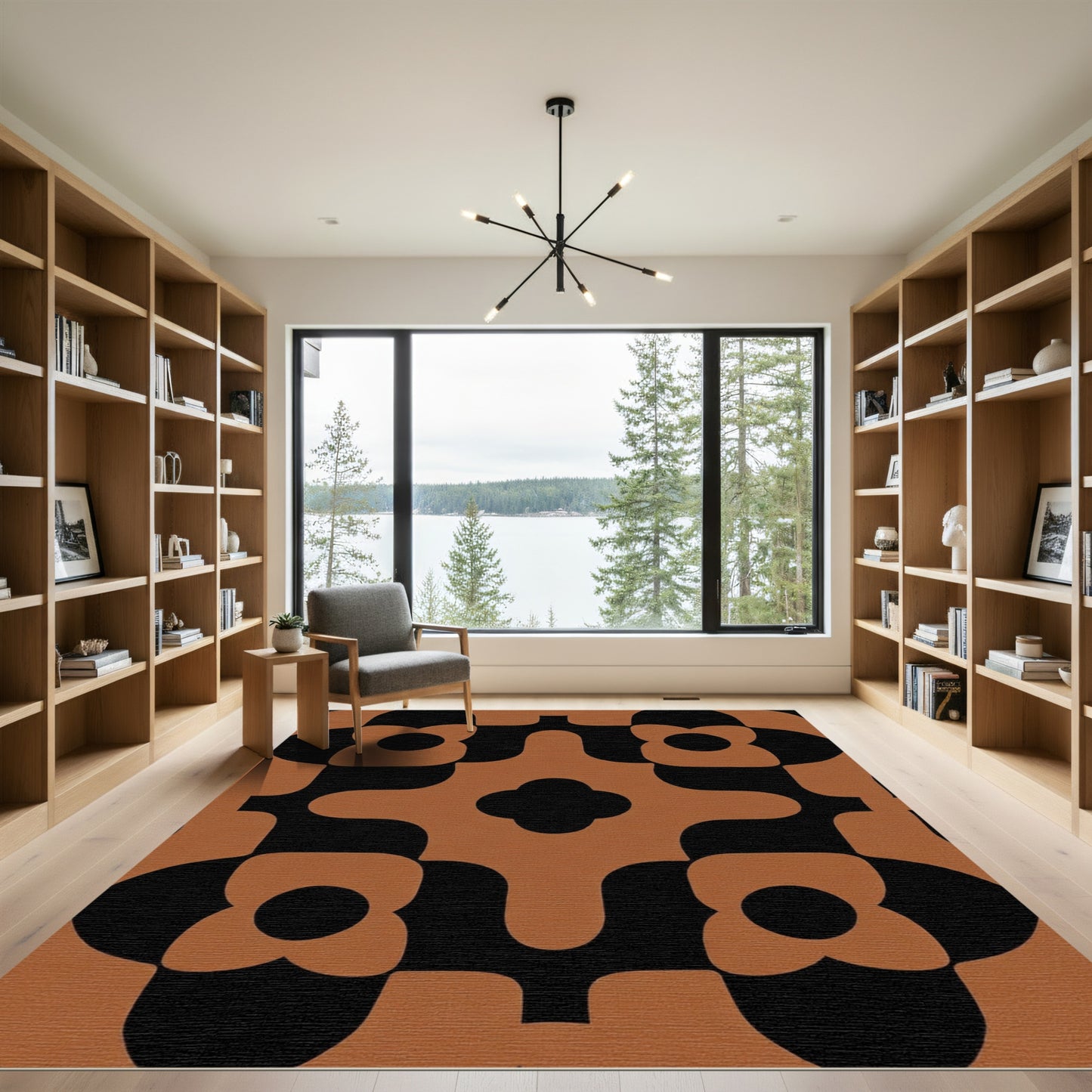 Earthy Brown Black Retro Floral Rug